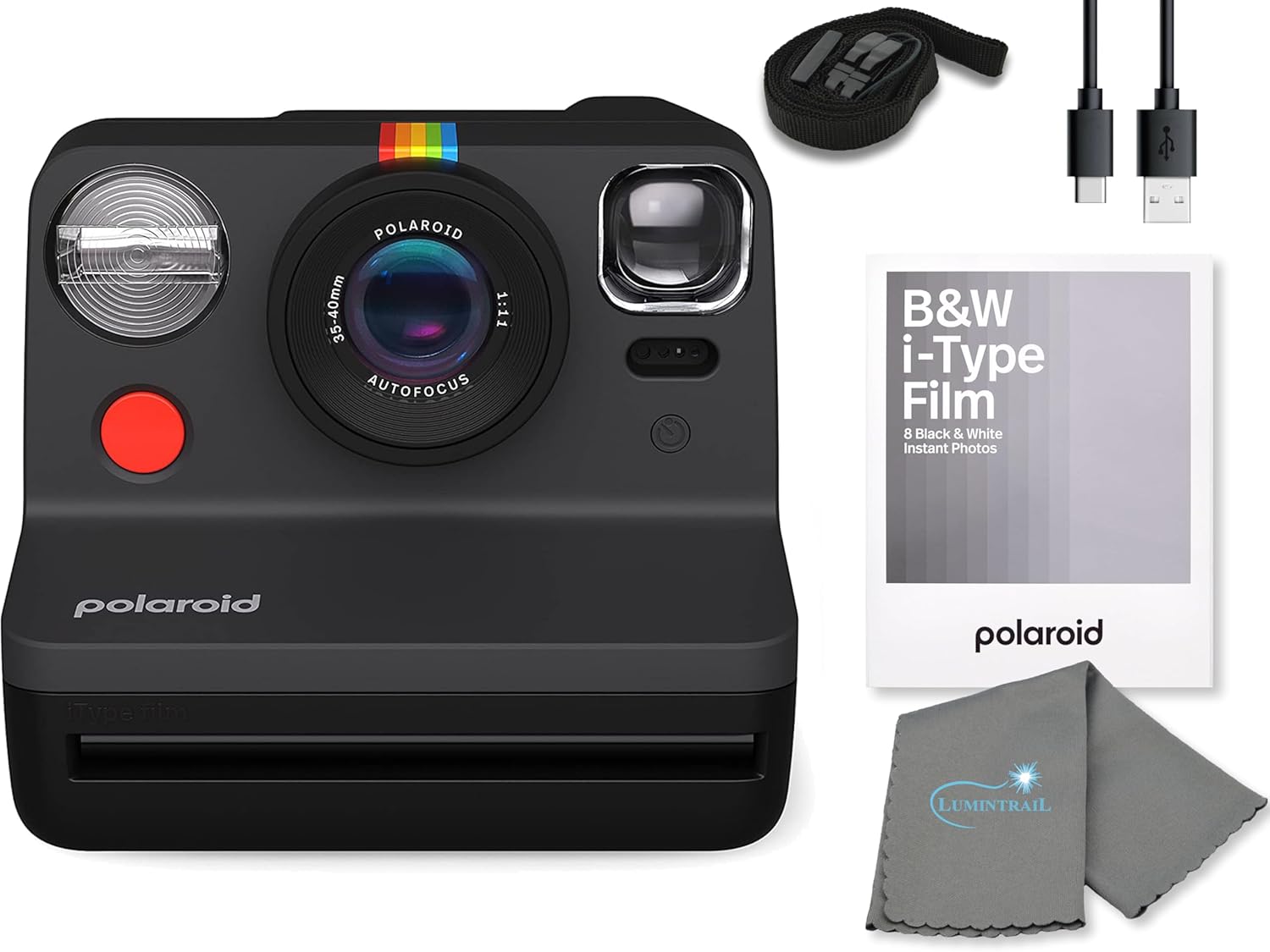 Gen 2 Now I-Type Instant Film Camera - Black Bundle with a B&W i-Type Film Pack (8 Instant Photos) and a Cleaning Cloth
